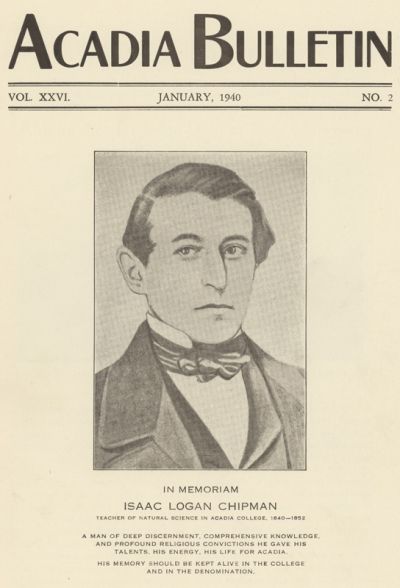 The January 1940 cover of the Acadia Bulletin, featuring a memorial illustration of Isaac Chipman.