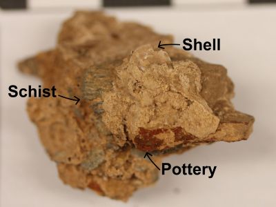 A diagram showing a lumpy, rocky specimen. There is a shell atop a pottery shard, which is above the much larger schist.