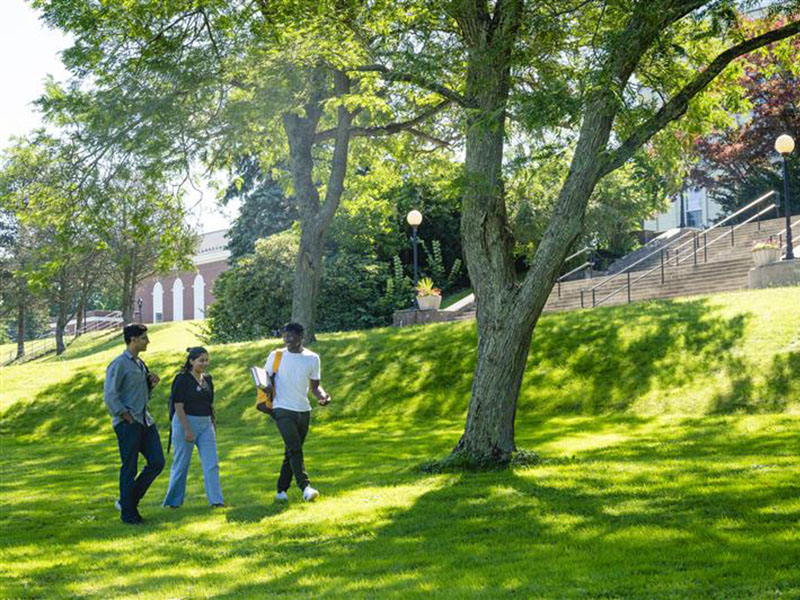 Students carrying backpacks and books chat as they walk under trees on the northern lawn on a bright spring day