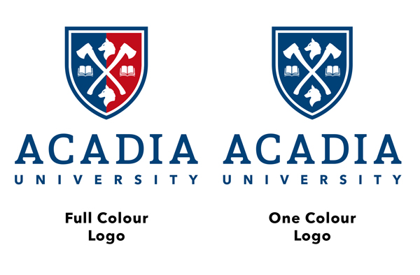 The vertical Acadia University logo in full-colour, with blue text and a red and blue shield stacked atop the wordmark. There is also a one colour version with the entire logo in blue.