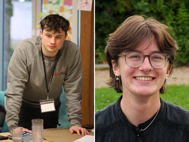 A split image of Rowan, standing over a table to address a group at Launchbox, and Nick, in the Harriet Irving Botanical Gardens. Nick portrait courtesy of Mary Knockwood.