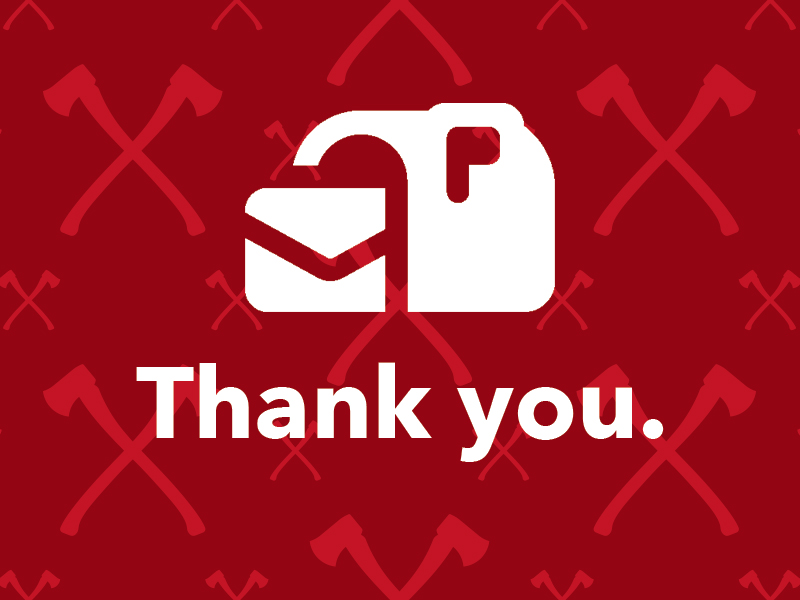 "Thank you." with an icon of an envelope in a mailbox.