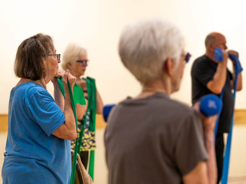 A small group of male and female seniors work with resistance bands and light dumbbells