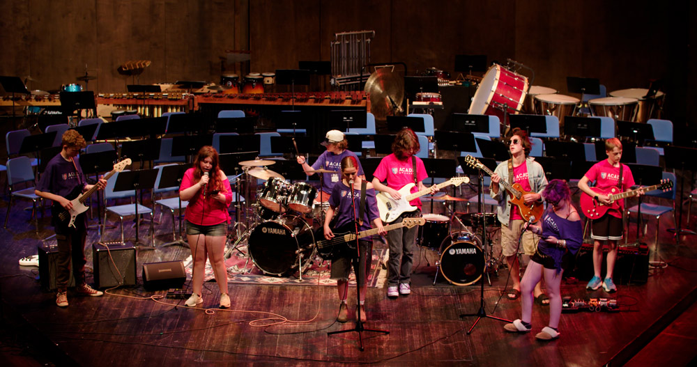 Students perform in. an eight-piece rock band in the Atlantic Theatre Festival venue.