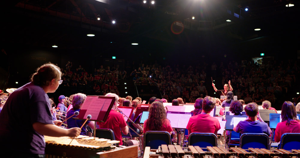A view of a concert band performance from the perspective of the xylophonist at the back of the orchestra.