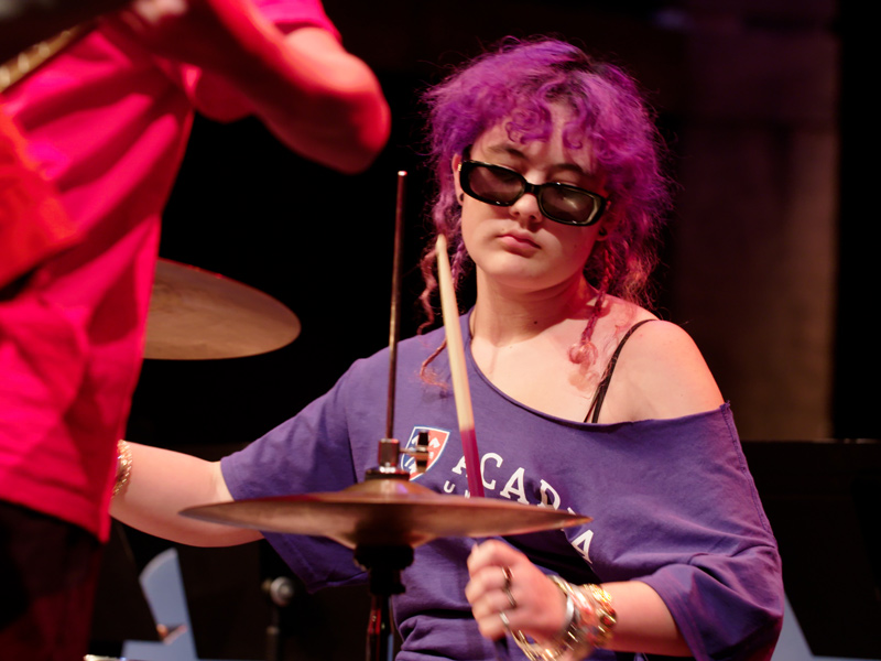 A drummer performs in the Atlantic Theatre Festival venue.