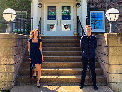 Drs. Anne-Sophie Champod and Daniel Lametti stand in front of the steps of Horton Hall after the announcement of their new research centre funding.
