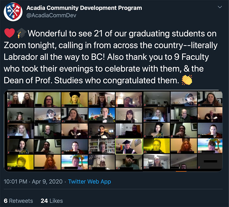 A tweet showing graduates on a group video chat. Tweet reads 
