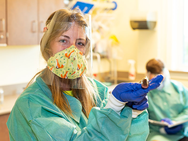 Acadia student Leah Creaser (BSc '22) holds a fish specimen in a lab to test wildlife for mercury contamination