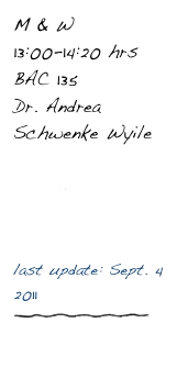 M & W 13:00-14:20 hrs
BAC 135
Dr. Andrea Schwenke Wyile

Acorn
3973 syllabus

last update: Sept. 4 2011
￼

